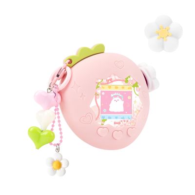 BUBBLELOGUS Strawberry Bubble Protective Case for Tamagotchi Paradise, Soft TPU Silicone Cover with Faceplate, Flower Shaped Zoom Dial Cap & Charms Set, Anti-Scratch & Waterproof (Pink)