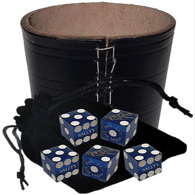 Authentic Casino Dice w/Pouch + Genuine Leather Cup Wide Opening (No Lining Natural, Las Vegas Bally's Blue Frosted)