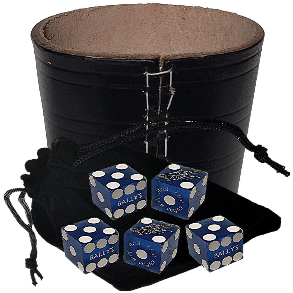 Authentic Casino Dice w/Pouch + Genuine Leather Cup Wide Opening (No Lining Natural, Las Vegas Bally's Blue Frosted)
