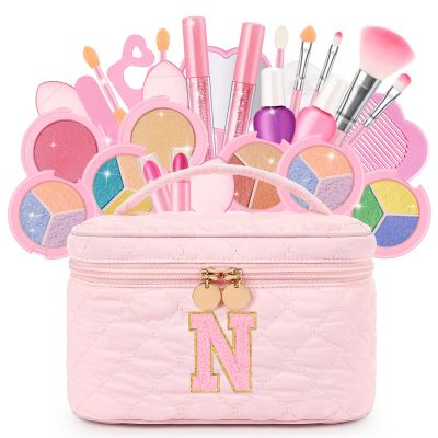 Kids Washable Makeup Set for Girls - 29Pcs Real Non-Toxic Play Make Up Kit Toys with Letter Cosmetic Bag - Dress Up Birthday Gifts for Toddler Age 3 4 5 6 7 8 9 10 Years Old Vanity Set - N