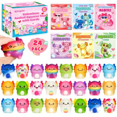 24 Packs Valentines Day Cards for Kids School with Axolotl Slow Rising PU Squishy Toys, Valentines Day Gifts for Kids, Kawaii Squeeze Toys for Boys Girls, Ideal Valentine Party Favor, Classroom Prizes