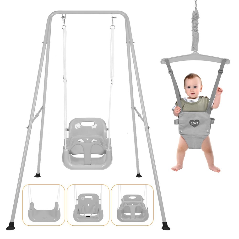 4 in 1 Toddler Swing Set & Baby Jumper, Heavy Duty Kids Swing with Bouncer, Foldable Metal Stand for Indoor & Outdoor, Easy Install & Store (Gray)