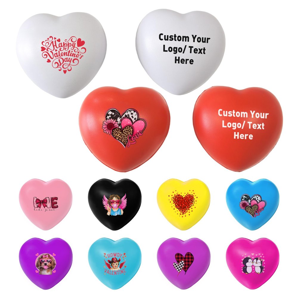 100 Pcs Custom Heart Stress Balls Bulk Personalized Logo/Text/Image Promotional PU Foam Squeeze Balls 2.5x2.75in for Trade Shows, Corporate Events & Branding (100)