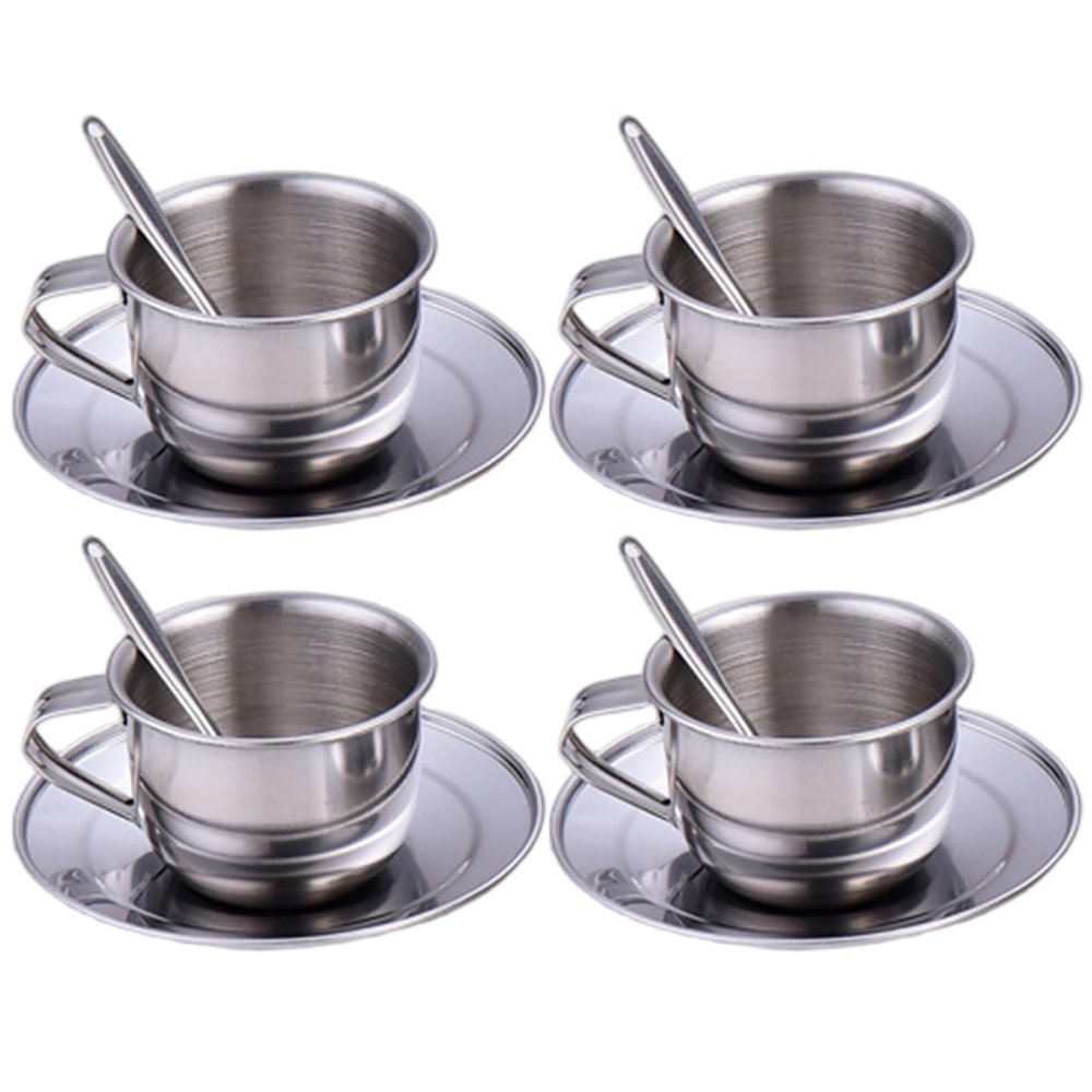 NASSMOSSE Kids Tea Set Heat-Resistant Stainless Steel Childrens Tea Set with 4 70ml Cup, 4 Saucer and Spoon for Girls and Boys