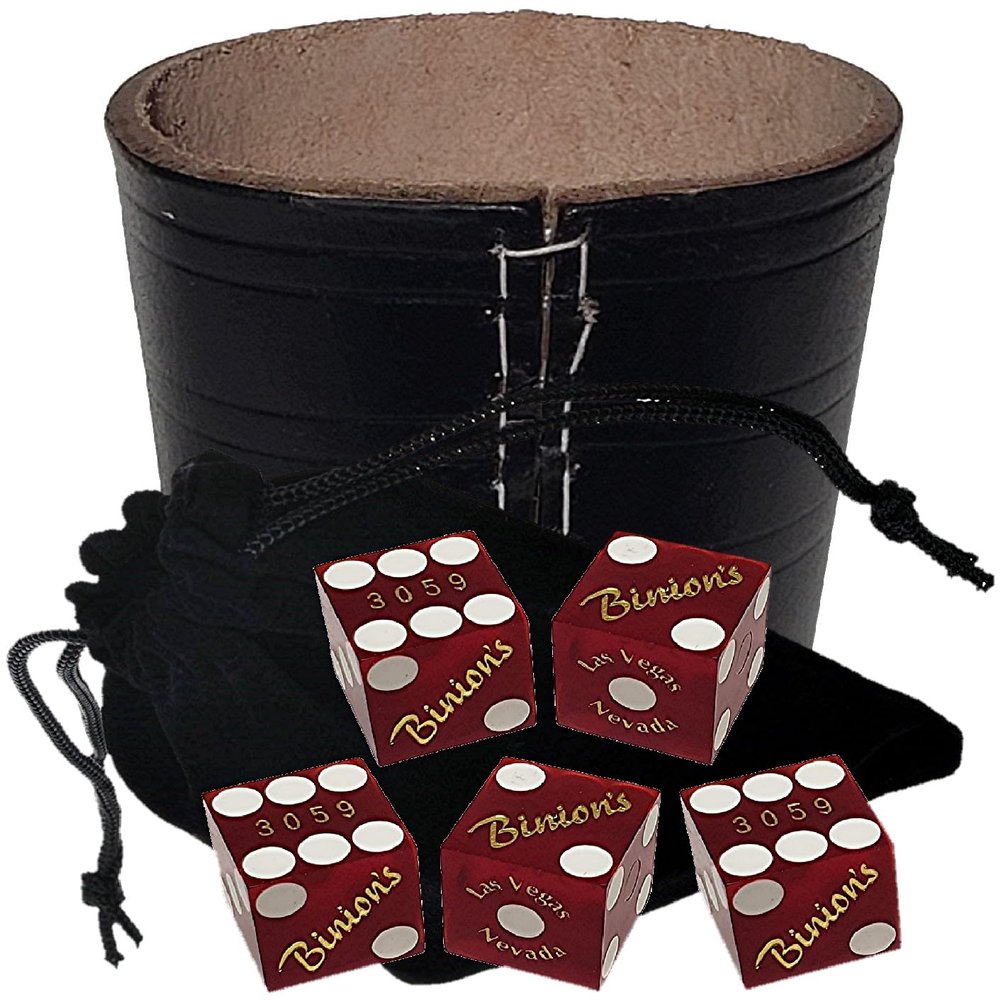Authentic Casino Dice w/Pouch + Genuine Leather Cup Wide Opening (No Lining Natural, Las Vegas Binion's Red Frosted)