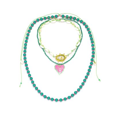 ZYIBPMSJKQCFK Handmade Bead Shell Heart Shaped Pendant Layered Necklace,green,133cm