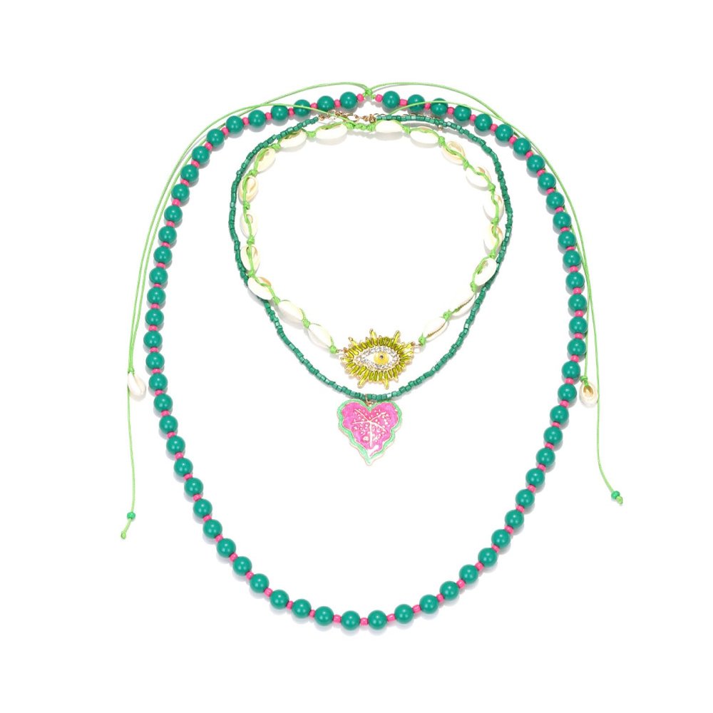 ZYIBPMSJKQCFK Handmade Bead Shell Heart Shaped Pendant Layered Necklace,green,133cm