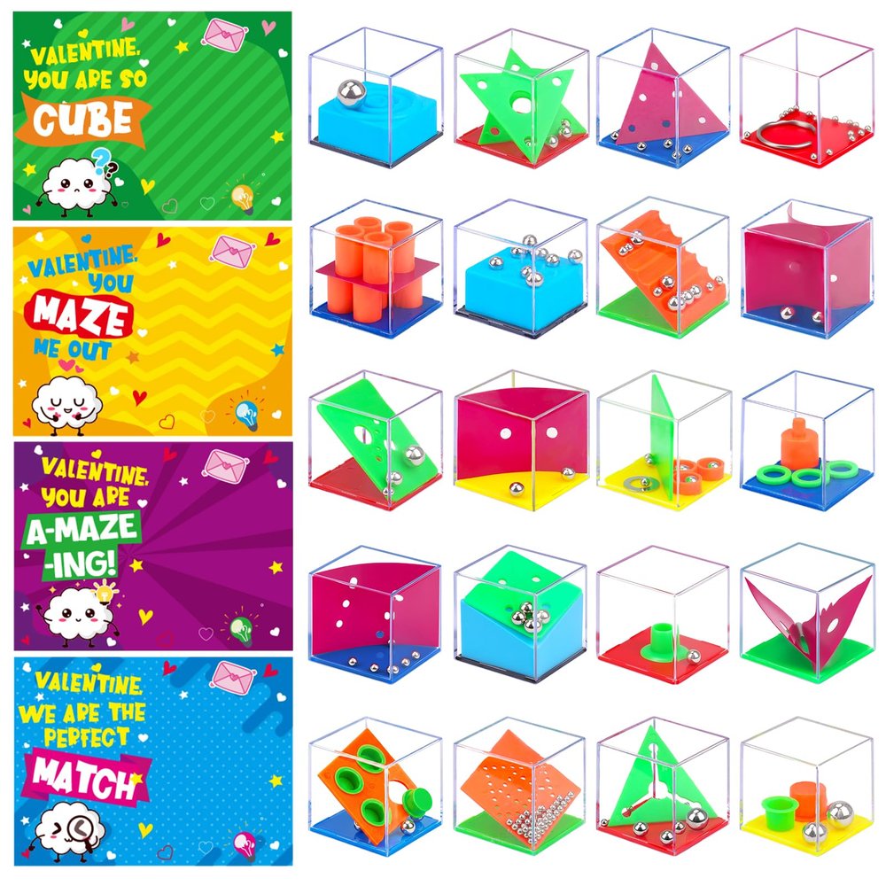 24 Pack Valentines Gifts for Kids Classroom - Mini 3D Brain Teaser Puzzles Cubes Funny Valentine Day Exchange Cards for Kids School Valentines Treat Party Favors for Class Boys Girls Fidget Toys Bulk