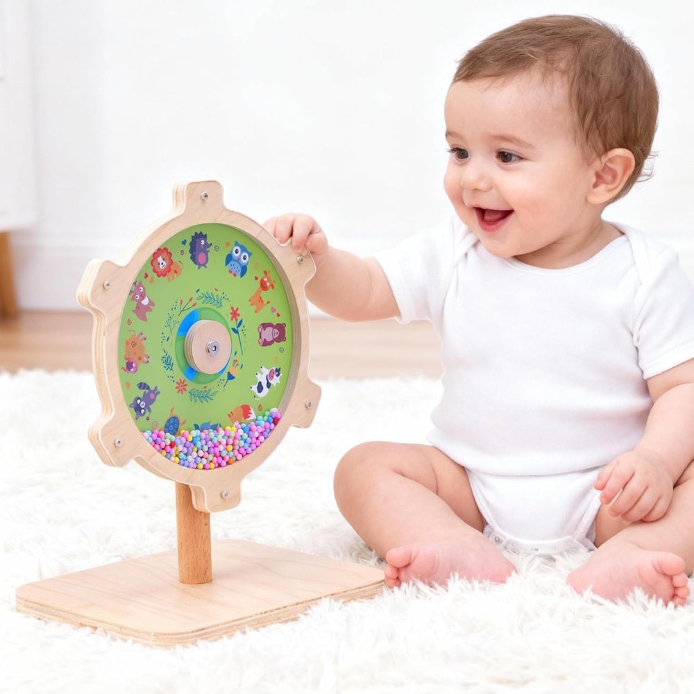 Aiwanture Spinning Activity Drum Toy with Sound, Montessori Wooden Sensory Toy for Babies, Perfect Birthday & Party Gift for 6-18 Months+