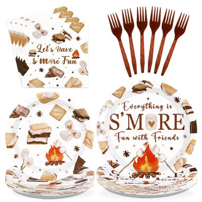 96 Pcs Smore Camping Party Decorations Everything is S'More Fun with Friends Plates and Napkins Camping Themed Tableware Set for Campers Birthday Baby Shower Campfire Bonfire Party Supplies Serves 24