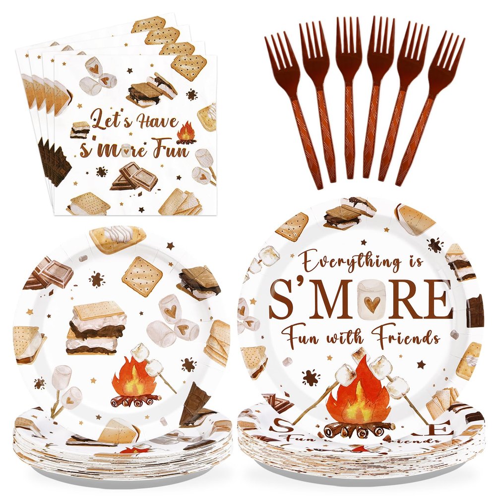 96 Pcs Smore Camping Party Decorations Everything is S'More Fun with Friends Plates and Napkins Camping Themed Tableware Set for Campers Birthday Baby Shower Campfire Bonfire Party Supplies Serves 24