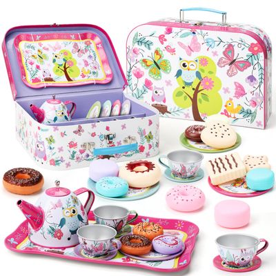 Fiderix Premium Tea Party Set for Toddlers 36  Durable Toy Tea Set for Sweet Family Tea Time, Cute Pretend Play Kitchen Toy with Desserts & Carrying Case, Birthday