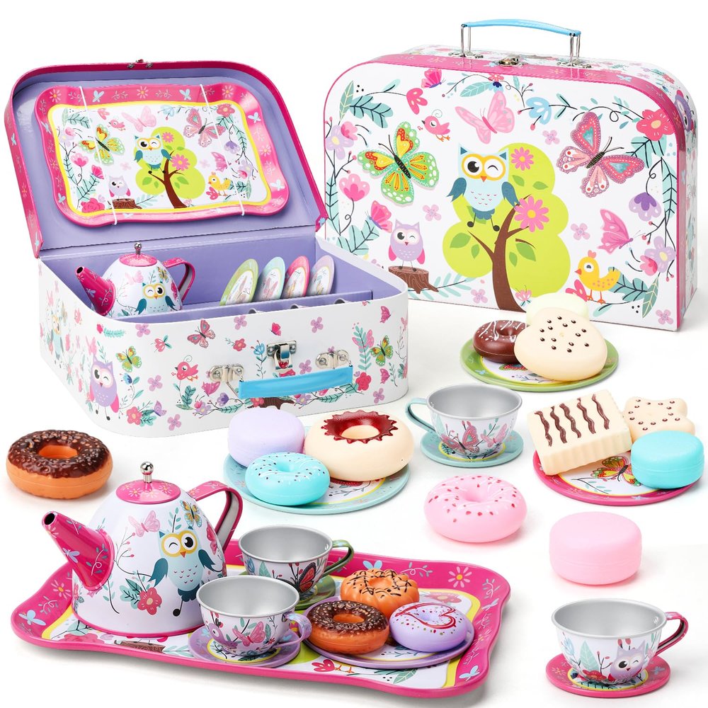 Fiderix Premium Tea Party Set for Toddlers 36  Durable Toy Tea Set for Sweet Family Tea Time, Cute Pretend Play Kitchen Toy with Desserts & Carrying Case, Birthday