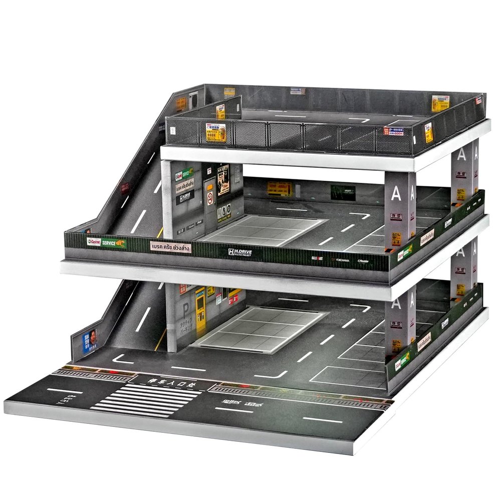 1:64 Die-Cast Car Display Case. Open-air Parking lot Scene with ramp Structure. Car Model Display Stand, Suitable for Hot Wheels Vehicles. (Grayish Green)