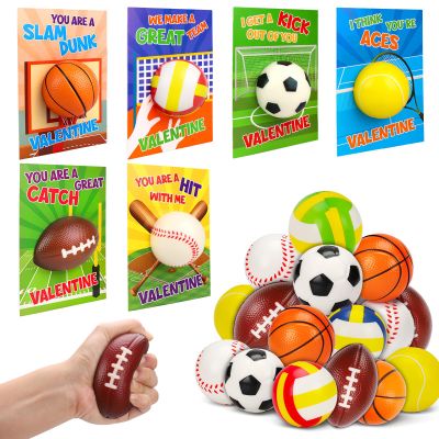 24 Pack Stress Balls Valentines Day Cards for Kids School Sports Party Favor Class Valentines Day Gifts Prizes Box Sports Valentines for Boys Mini Basketball Football Soccer Goodie Bag Bulk Toys