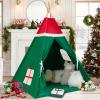 WIRHAO Christmas Tent for Kids with Padded Mat Cotton Canvas Teepee Tent Indoor for Toddlers Kids Play Tent for Girls Boys with Stars Lights, Carry Bag, Banner Flag (Merry Christmas) view 1