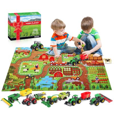 Moncasso Tractor Toy & Farm Animals Toys Set, Large Activity Play Mat, Farm Playset with Realistic Diecast Farming Equipment Toy & minature Things, Ideal Kids Gifts
