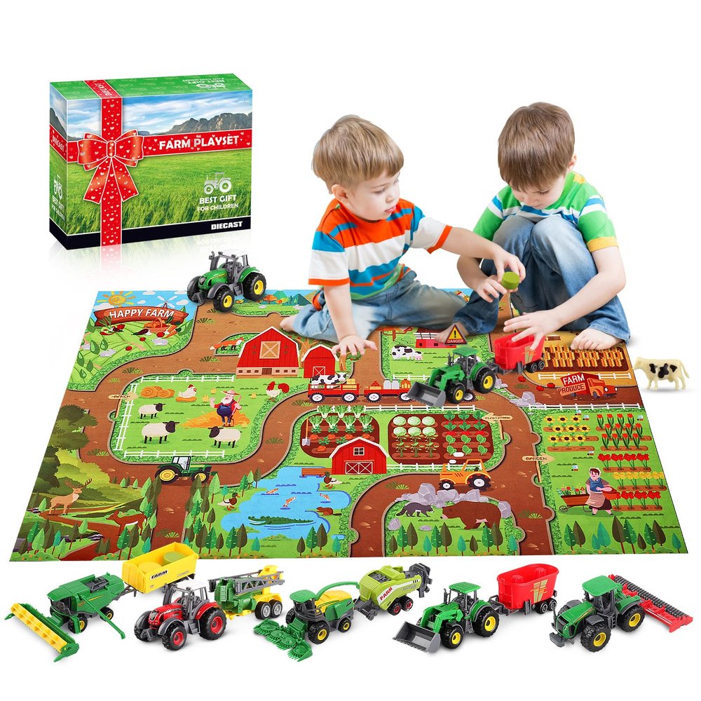 Moncasso Tractor Toy & Farm Animals Toys Set, Large Activity Play Mat, Farm Playset with Realistic Diecast Farming Equipment Toy & minature Things, Ideal Kids Gifts
