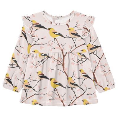 Wudan Baby Girls Ruffle Cuffs T-Shirts Sweet American Goldfinch Birds Blush Cotton Toddler Doll Clothes 4T