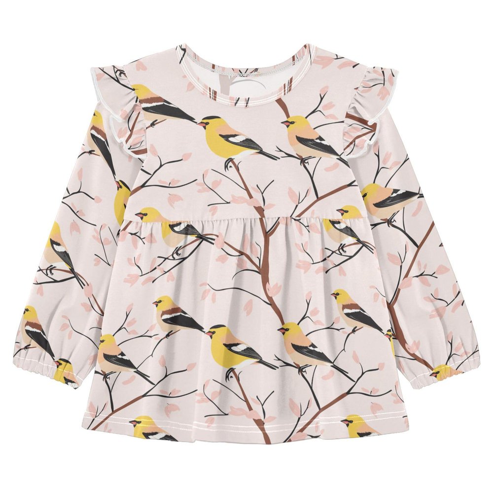 Wudan Baby Girls Ruffle Cuffs T-Shirts Sweet American Goldfinch Birds Blush Cotton Toddler Doll Clothes 4T