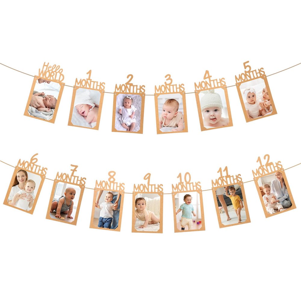 1st Birthday Photo Banner from Newborn to 12 Months Picture Banner Brown Monthly Milestones Garland First Birthday Decorations Bee Day Party Decorations for Baby Shower