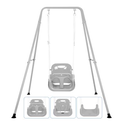 3-in-1 Toddler Swing Set, Indoor & Outdoor Baby Swing Set with Foldable Metal Stand for Backyard, Safe and Durable Design for Aged 1-10 Years, Easy to Assemble & Store (Gray)