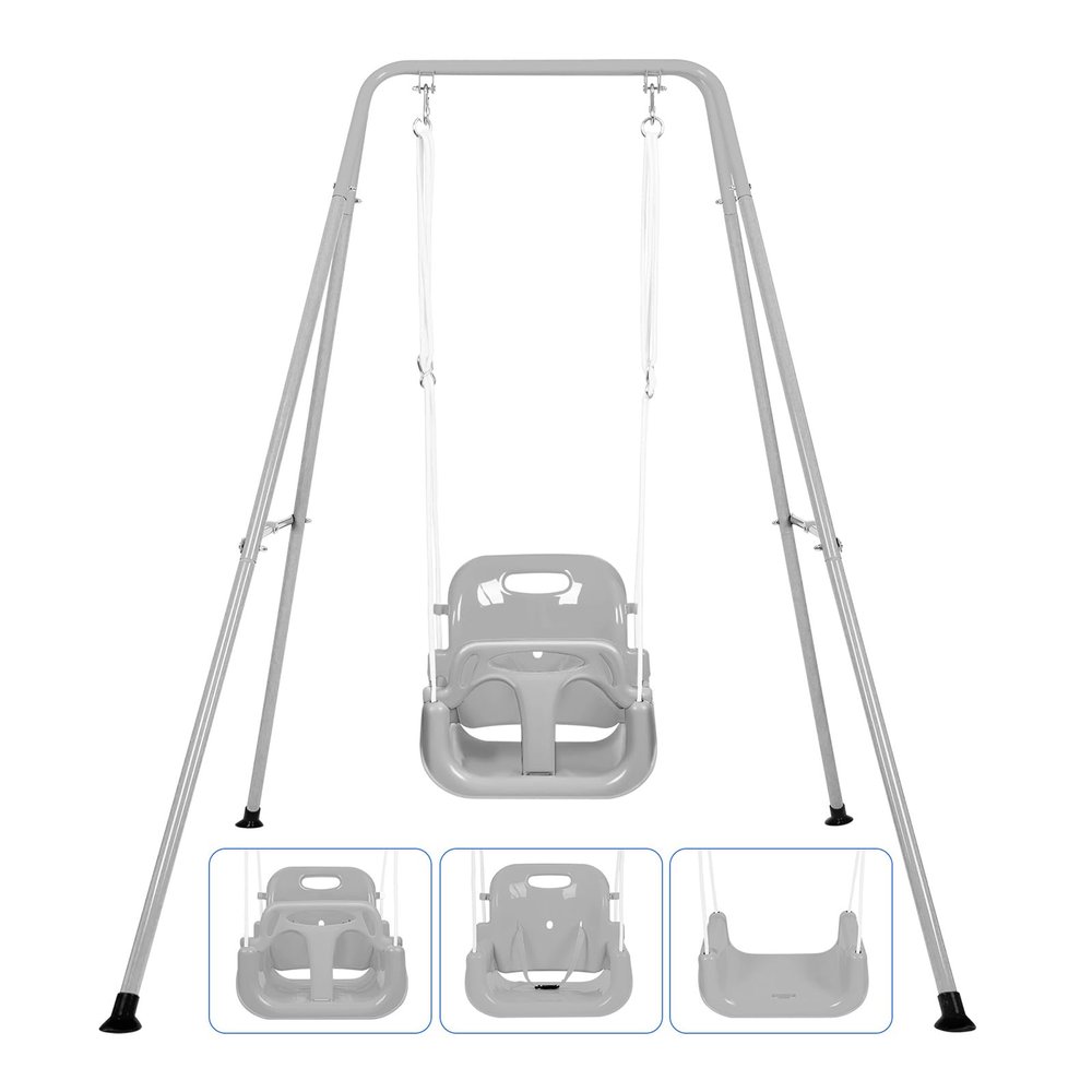 3-in-1 Toddler Swing Set, Indoor & Outdoor Baby Swing Set with Foldable Metal Stand for Backyard, Safe and Durable Design for Aged 1-10 Years, Easy to Assemble & Store (Gray)