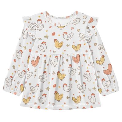 Wudan Girls Long Sleeve Shirt Cartoon Cute Chicken White Cotton Toddler Baby Doll Clothes 3T