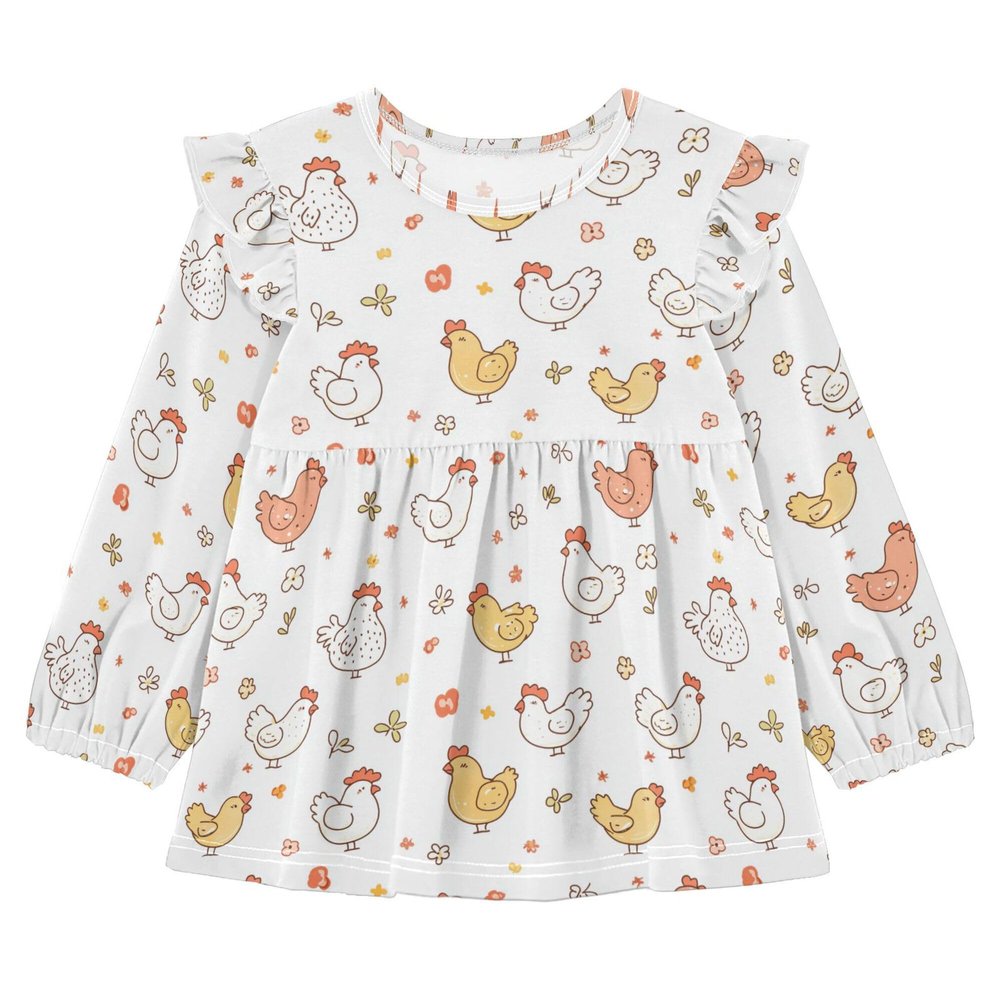 Wudan Girls Long Sleeve Shirt Cartoon Cute Chicken White Cotton Toddler Baby Doll Clothes 3T