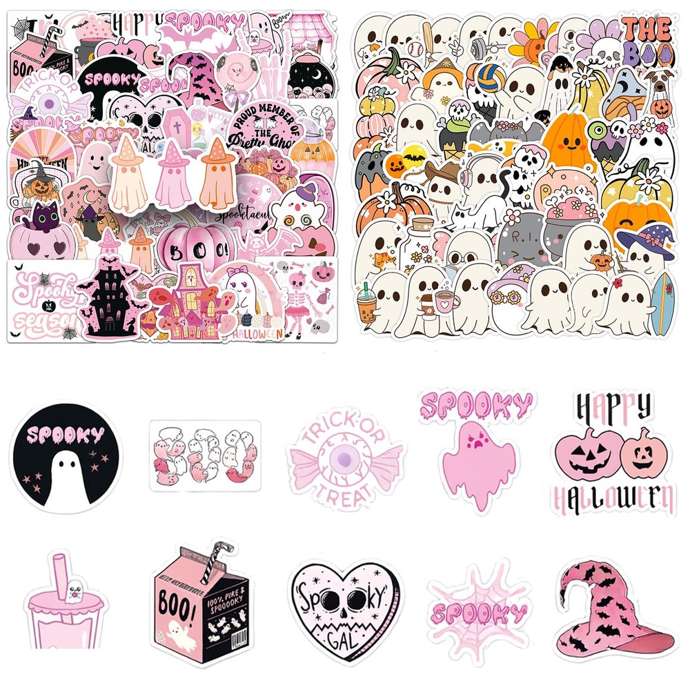 100pcs Halloween Stickers Combo Set | Waterproof Vinyl, Glossy & Matte Mix, Not Repeated | Cute Ghost & Pumpkin Themes for Laptop, Water Bottle, Scrapbook & Party Decoration
