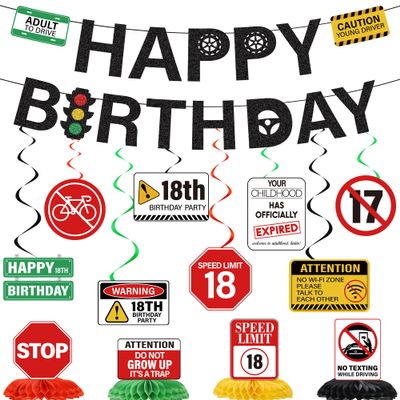 18th Birthday Decorations Boys Banner - 14 Pcs Glitter New Driver Banner Swirls Drivers License Caution Logos Traffic Signs Honeycomb Centerpieces Table Decor For Boys Girls 18 Year Old Party Supplies