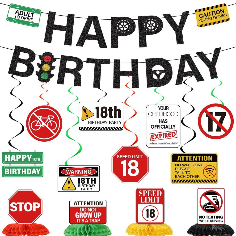 18th Birthday Decorations Boys Banner - 14 Pcs Glitter New Driver Banner Swirls Drivers License Caution Logos Traffic Signs Honeycomb Centerpieces Table Decor For Boys Girls 18 Year Old Party Supplies
