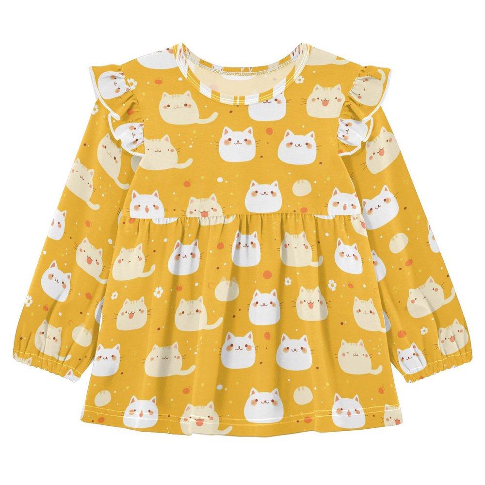 Wudan Baby Girls Long Sleeve T-Shirts Cartoon Cats Flowers Yellow Cotton Kid Doll Clothes 3T