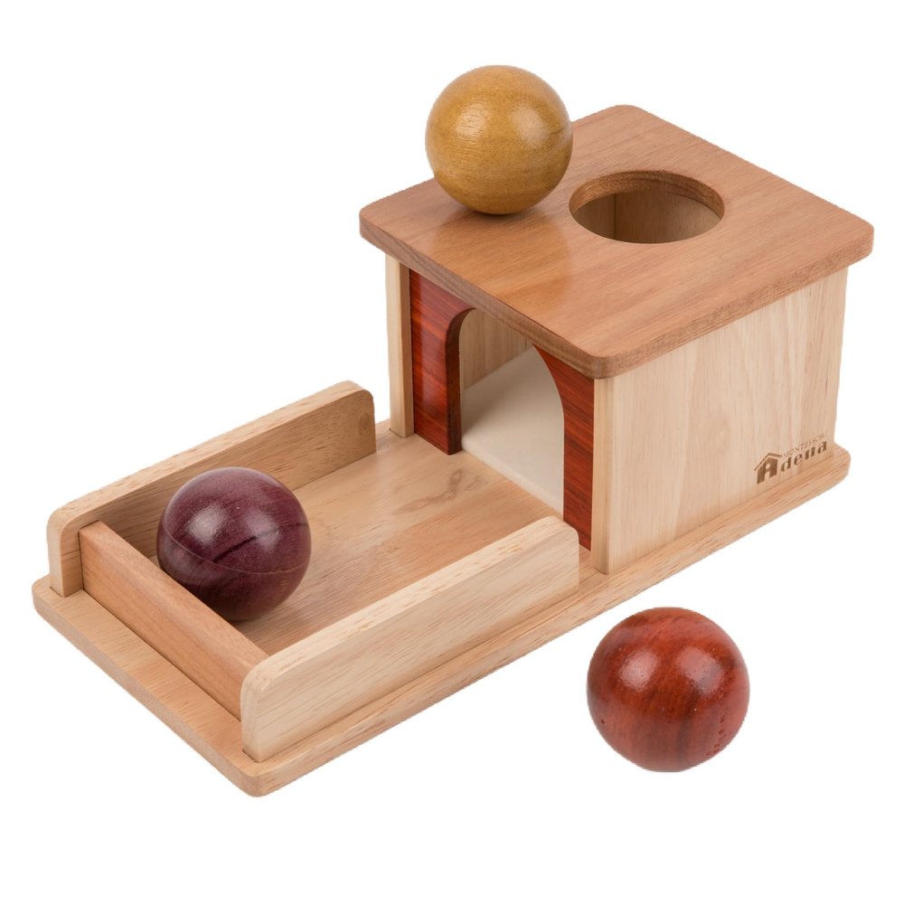 Adena Montessori Object Permanence Box for 6-12 Month Baby 3 Balls, Wooden Baby Toy in Natural Wood Tones, Real Wood Montessori Learning Toy for Toddler 1 Year Old, Sensory Developmental Gift