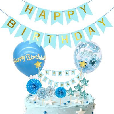 13Pcs Blue Happy Birthday Cake Topper - Star Banner Cake Decoration with Happy Birthday Banner Confetti Balloon Paper Fans for Birthday Party Cake Decor Supplies