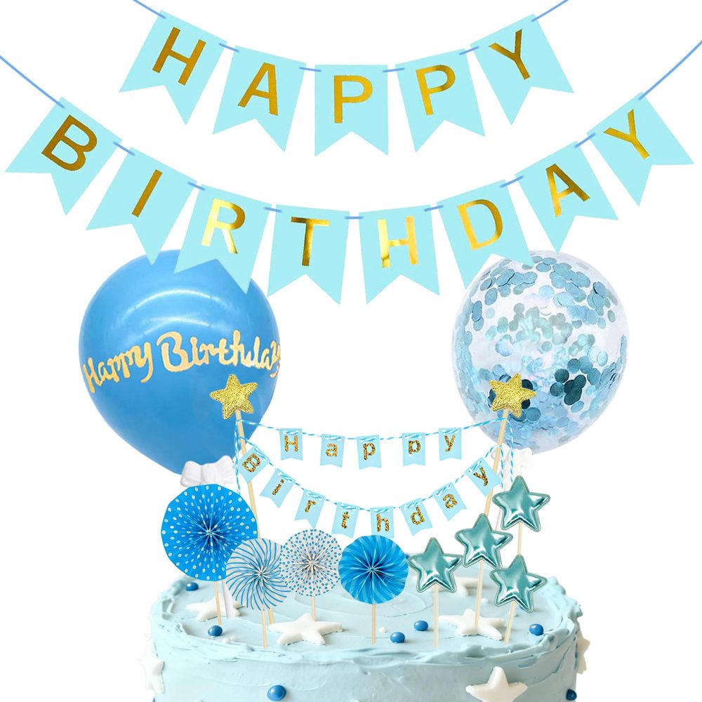 13Pcs Blue Happy Birthday Cake Topper - Star Banner Cake Decoration with Happy Birthday Banner Confetti Balloon Paper Fans for Birthday Party Cake Decor Supplies