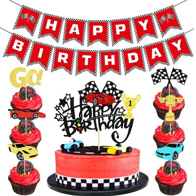 14Pcs Race Car Theme Birthday Party Decorations - Glitter Race Car Cake & Cupcake Toppers with Red Happy Birthday Banner for Kids' Birthdays & Baby Showers Cake Decorations