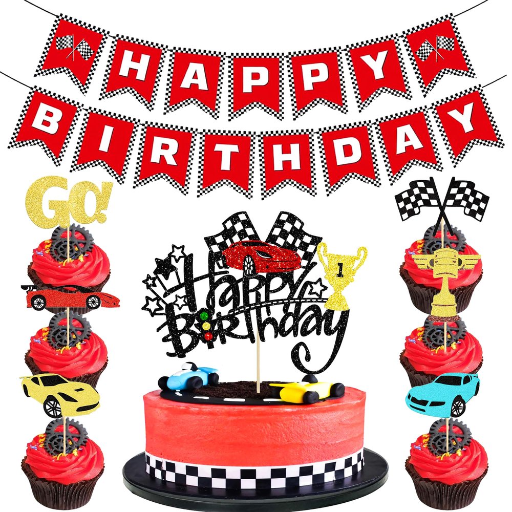 14Pcs Race Car Theme Birthday Party Decorations - Glitter Race Car Cake & Cupcake Toppers with Red Happy Birthday Banner for Kids' Birthdays & Baby Showers Cake Decorations