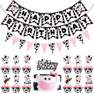 15Pcs Cow Theme Birthday Party Decorations - Farm Animal Happy Birthday Cake Topper with Happy Birthday Banner & Pennant for Kids' Birthdays & Baby Showers Cake Decorations