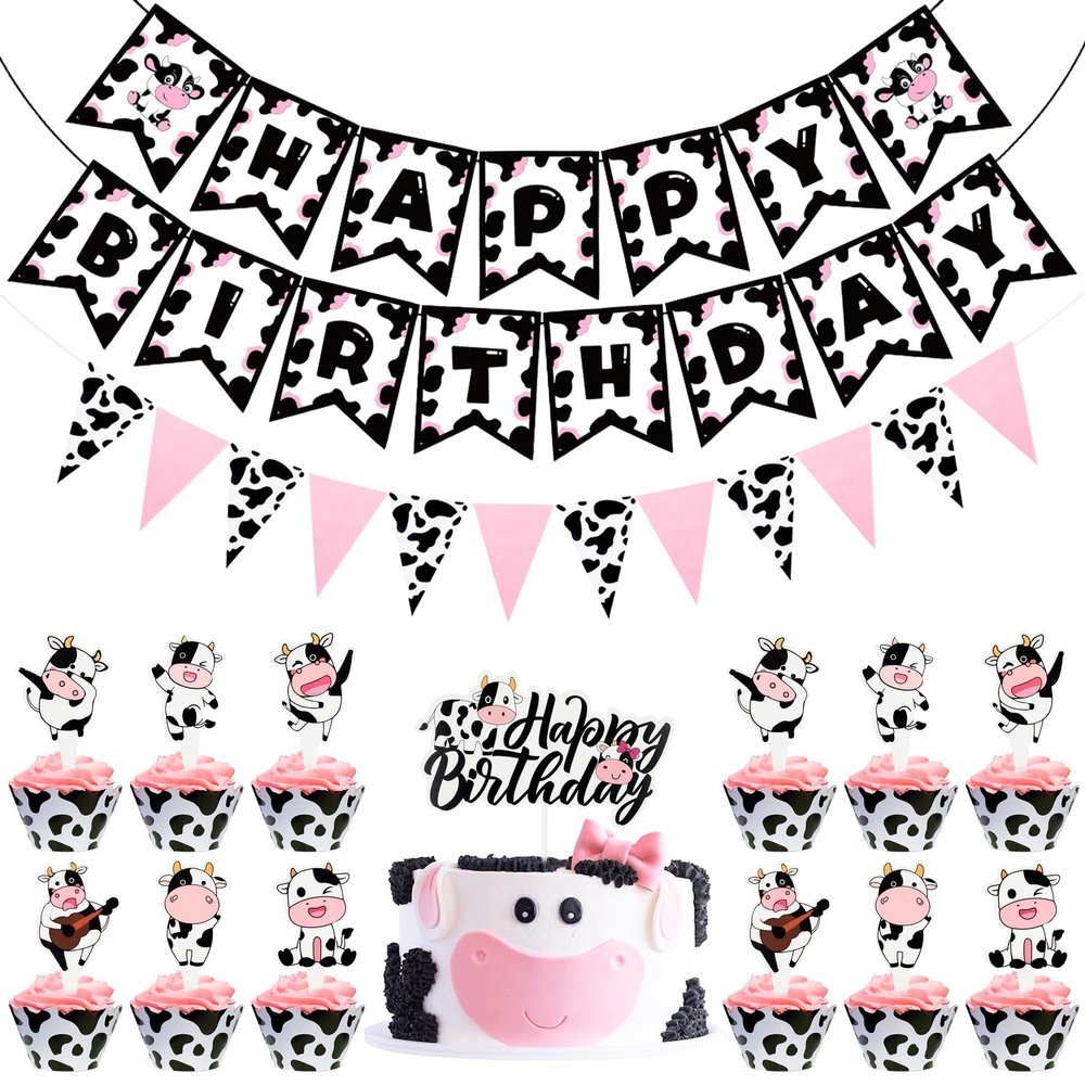 15Pcs Cow Theme Birthday Party Decorations - Farm Animal Happy Birthday Cake Topper with Happy Birthday Banner & Pennant for Kids' Birthdays & Baby Showers Cake Decorations