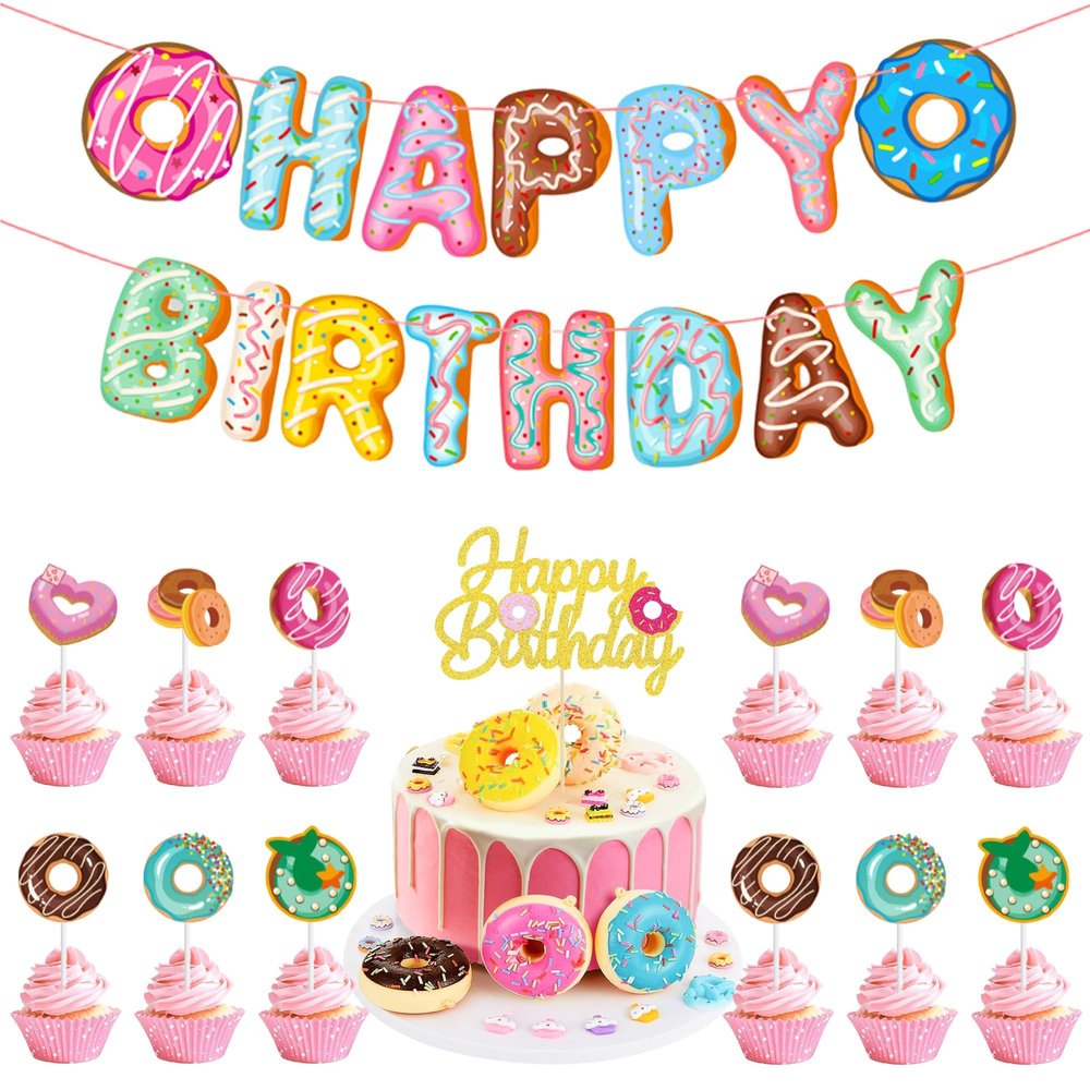 14Pcs Donut Theme Birthday Party Decorations - Glitter Donut Cake & Cupcake Toppers with Happy Birthday Banner for Birthday Party Baby Showers Cake Decorations Supplies