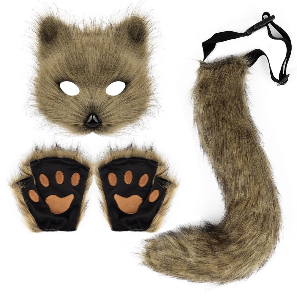 Animal Mask Set with Fluffy Tail and Paw Gloves Halloween, Christmas, and Theme Costume Party Outfits and Role-Playing Props (Grass yellow)