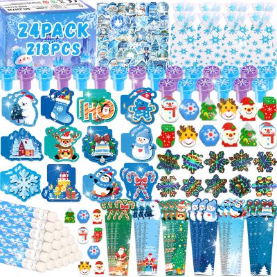 218Pcs Winter Party Favors Holiday Stationery Gift Set, 24 Pack Winter Christmas Classroom Gifts Goodie Bag Fillers Stuffers Classroom Exchange Frozen Christmas Party Favors