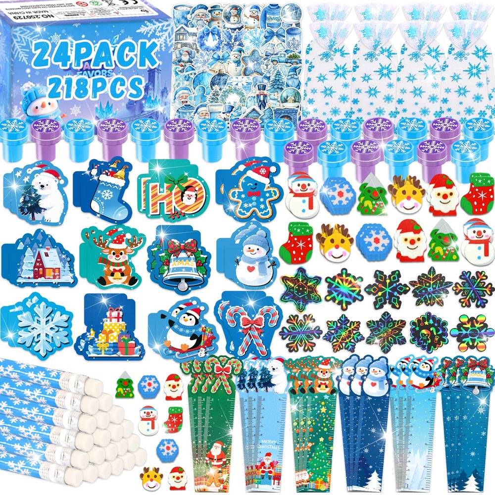 218Pcs Winter Party Favors Holiday Stationery Gift Set, 24 Pack Winter Christmas Classroom Gifts Goodie Bag Fillers Stuffers Classroom Exchange Frozen Christmas Party Favors