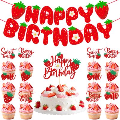 14Pcs Strawberry Theme Birthday Party Decorations - Glitter Sweet Berry Cake & Cupcake Toppers with Happy Birthday Banner for 1st Birthday Party Baby Showers Cake Decorations