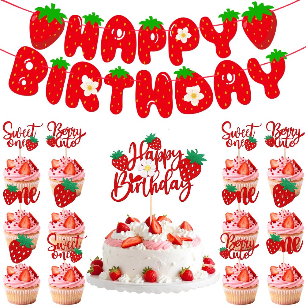14Pcs Strawberry Theme Birthday Party Decorations - Glitter Sweet Berry Cake & Cupcake Toppers with Happy Birthday Banner for 1st Birthday Party Baby Showers Cake Decorations