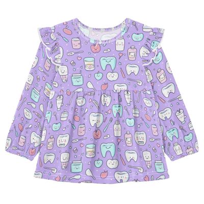 Wudan Baby Girls Long Sleeve T-Shirts Cute Teeth and Objects Dental Care on Purple Cotton Toddler Baby Doll Clothes 2T