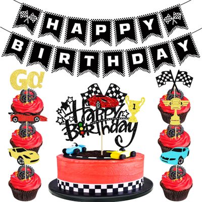 14Pcs Race Car Theme Birthday Party Decorations - Glitter Race Car Cake & Cupcake Toppers with Black Happy Birthday Banner for Kids' Birthdays & Baby Showers Cake Decorations