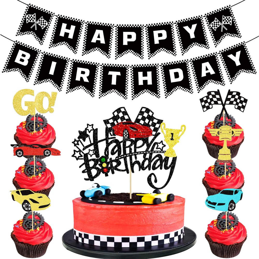 14Pcs Race Car Theme Birthday Party Decorations - Glitter Race Car Cake & Cupcake Toppers with Black Happy Birthday Banner for Kids' Birthdays & Baby Showers Cake Decorations