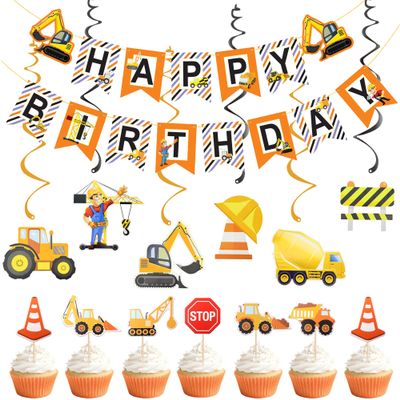 19 Pcs Construction Theme Birthday Party Decorations - Dump Truck Excavator Cupcake Decorations - Construction Happy Birthday Banner & Hanging Swirls for Kids Birthday Party Supplies